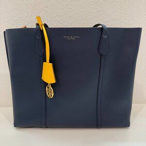 Tory Burch Perry Triple Compartment Tote Royal Navy Leather Work Bag